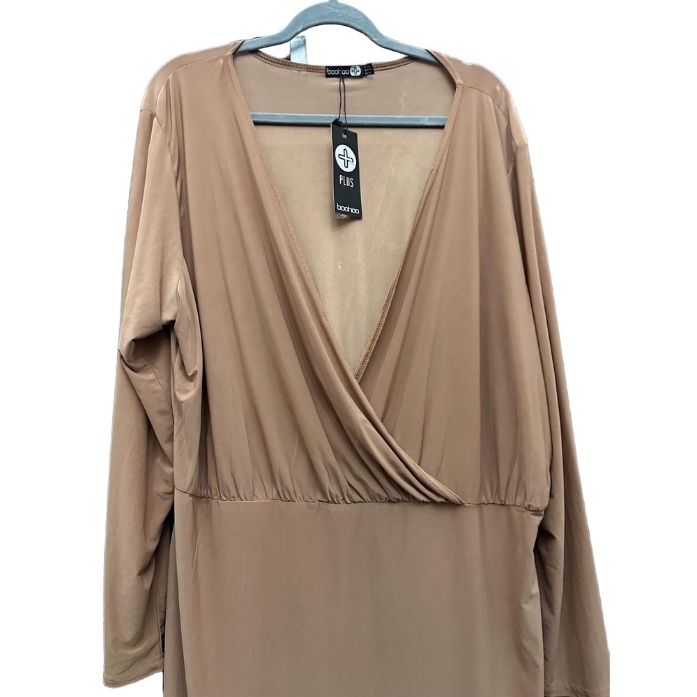 NWT boohoo Wrap Dress Womens Size US 18 Taupe Long Sleeve V-Neck Trendy - Picture 2 of 5